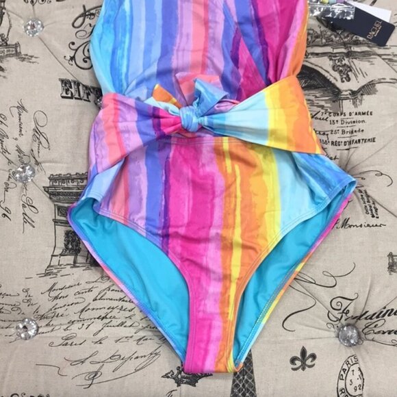 Rachel Roy Ombre Stripe Printed Halter Swimsuit - Picture 4 of 7